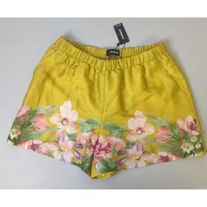 New Express shorts sz 12 long satin gold yellow floral pink and purple pull on